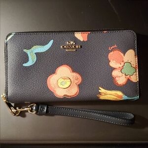 Coach Dreamy Land Floral Long Zip Around Wallet Midnight Blue